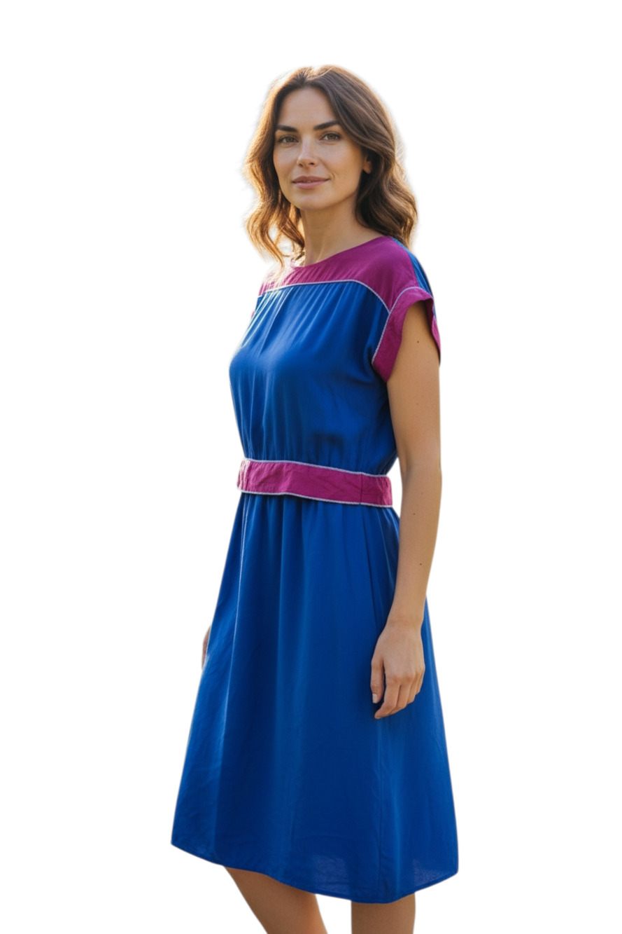 NILANI Women's Size 8 10 100% Silk Dress Royal Blue Magenta Short Sleeve Belted